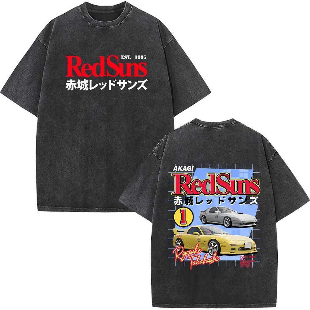 Anime Initial D AE86 Drift Akagi RedSuns Vintage Washed T Shirt Takumi Fujiwara R34 Skyline GTR JDM Race Car Oversized T-shirts X250403