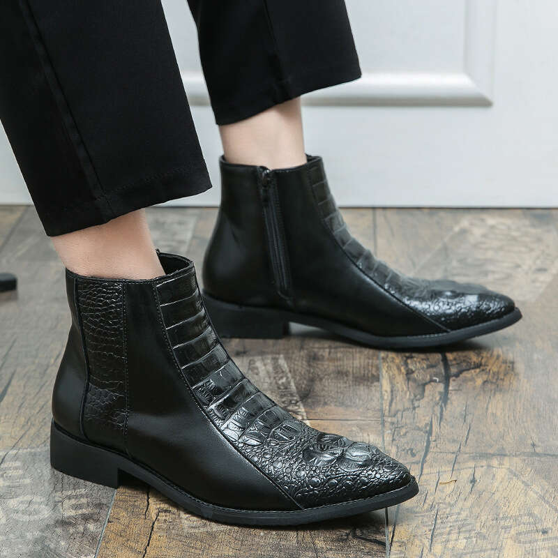 Large size shoes for men, Martin short with zipper covers, leg shoes, men's high top crocodile patterned leather boots