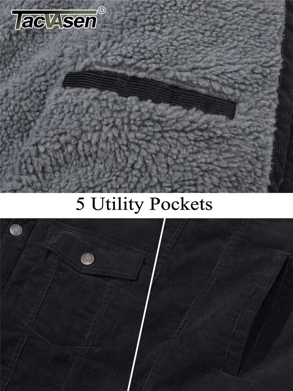 TACVASEN Thicken Fleece Lining Mens Corduroy Jacket Sherpa Lined Winter Coats Trucker Cargo Workwear MultiPocket Outwear 251028CJ