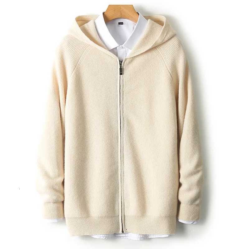 Men 100 Merino Wool Sweater Hooded Zipper Cardigan Autumn Winter Thickened Knit Large-size Jacket Long Sleeved Sportswear CoatT251103