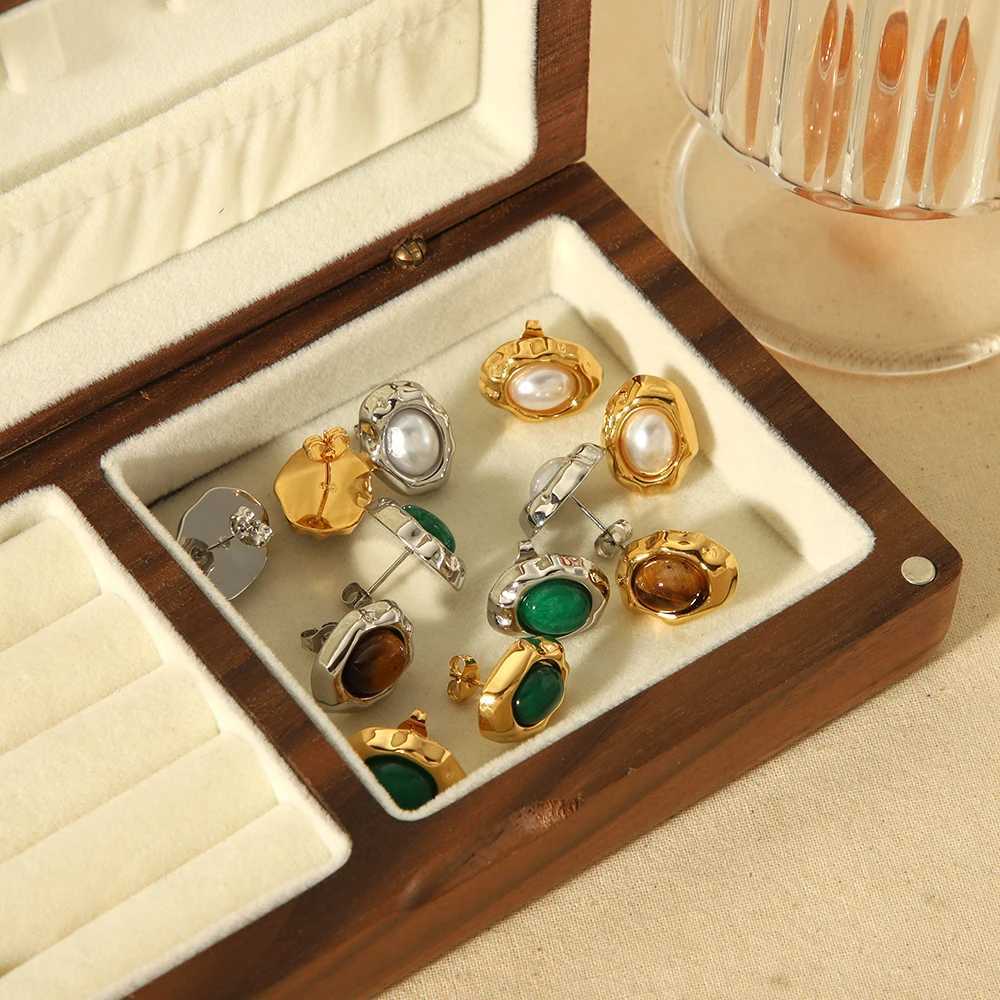 Fashion 18K Gold Plated Irregular Geometric Stud Earrings Waterproof Stainless Steel Nature Stone Pearl Earrings Jewelry C251103