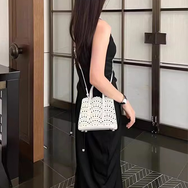 Women's Hollow Carving Genuine Leather Calf Skin Basket Shoulder Bag - Elegant Vegetable Tanned Tote and Messenger Set