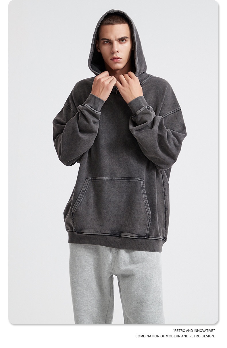 Men's Hoodies & Sweatshirts Heavyweight Washed Vintage Fleece-Lined Hoodie - Unisex Trendy Casual Retro Snow-Washed Solid Color