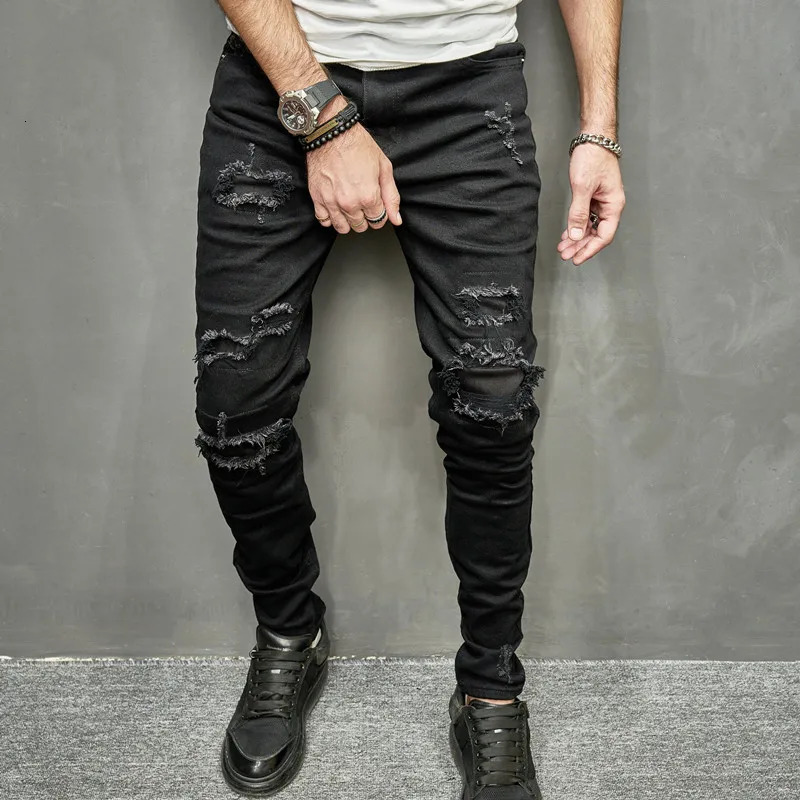 Men Holes Patch Skinny Stretch Pencil Jeans Pants High street Stylish HipHop Male Ripped Slim Denim Trousers 250402