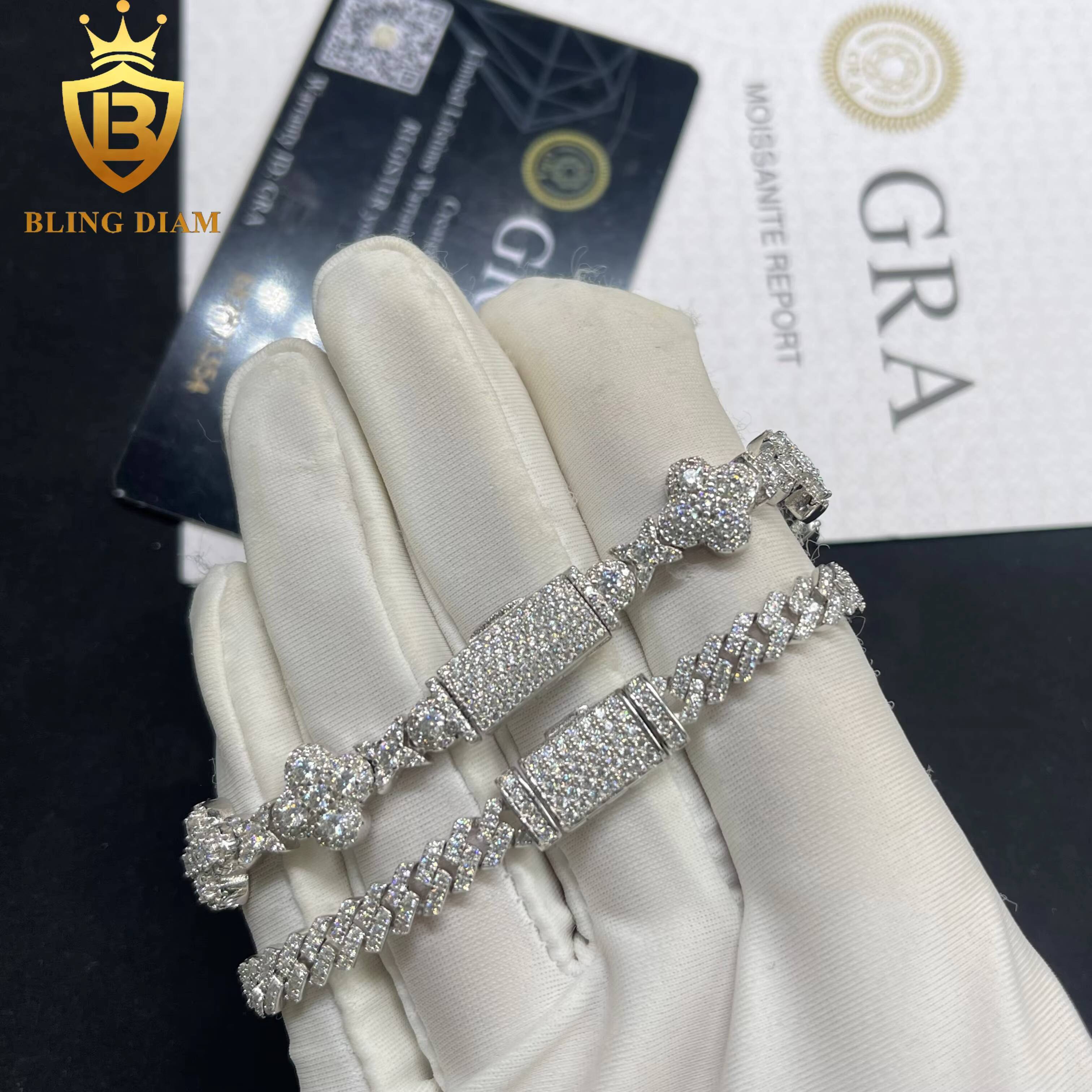 Iced Out Hip Hop Jewelry 925 Sterling Silver Vvs Moissanite 5mm Cuban Link Chains 10mm Flower Cross Bracelets for Men