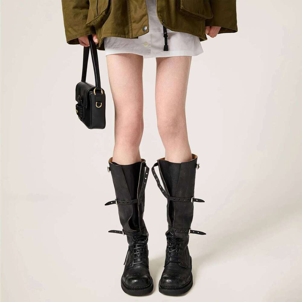 Arden Furtado Autumn platform Lace Up Knight Round toe Pull-on Chunky Heels Belt buckle Knee high boots Motercycle Boots