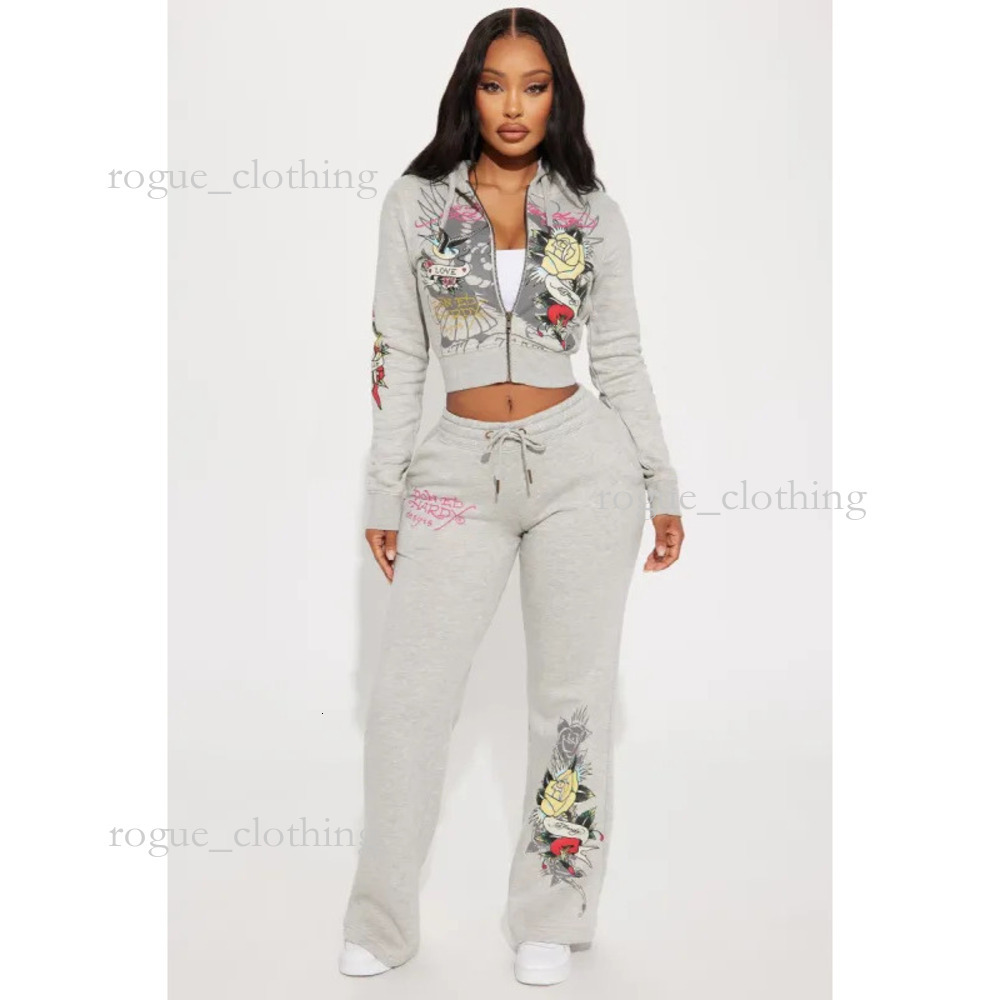 Ed Hardytracksuit Women Tracksuits Two Piece Set Outfits Strapless Casual Printed Pants Y2k Straight Trousers Street Zipper Hooded 6f6