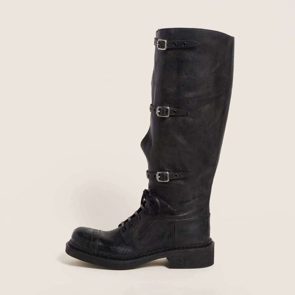 Arden Furtado Autumn platform Lace Up Knight Round toe Pull-on Chunky Heels Belt buckle Knee high boots Motercycle Boots