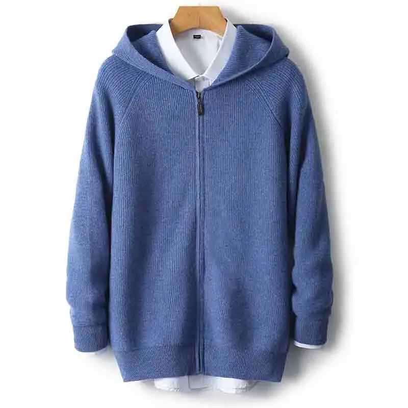 Men 100 Merino Wool Sweater Hooded Zipper Cardigan Autumn Winter Thickened Knit Large-size Jacket Long Sleeved Sportswear CoatT251103