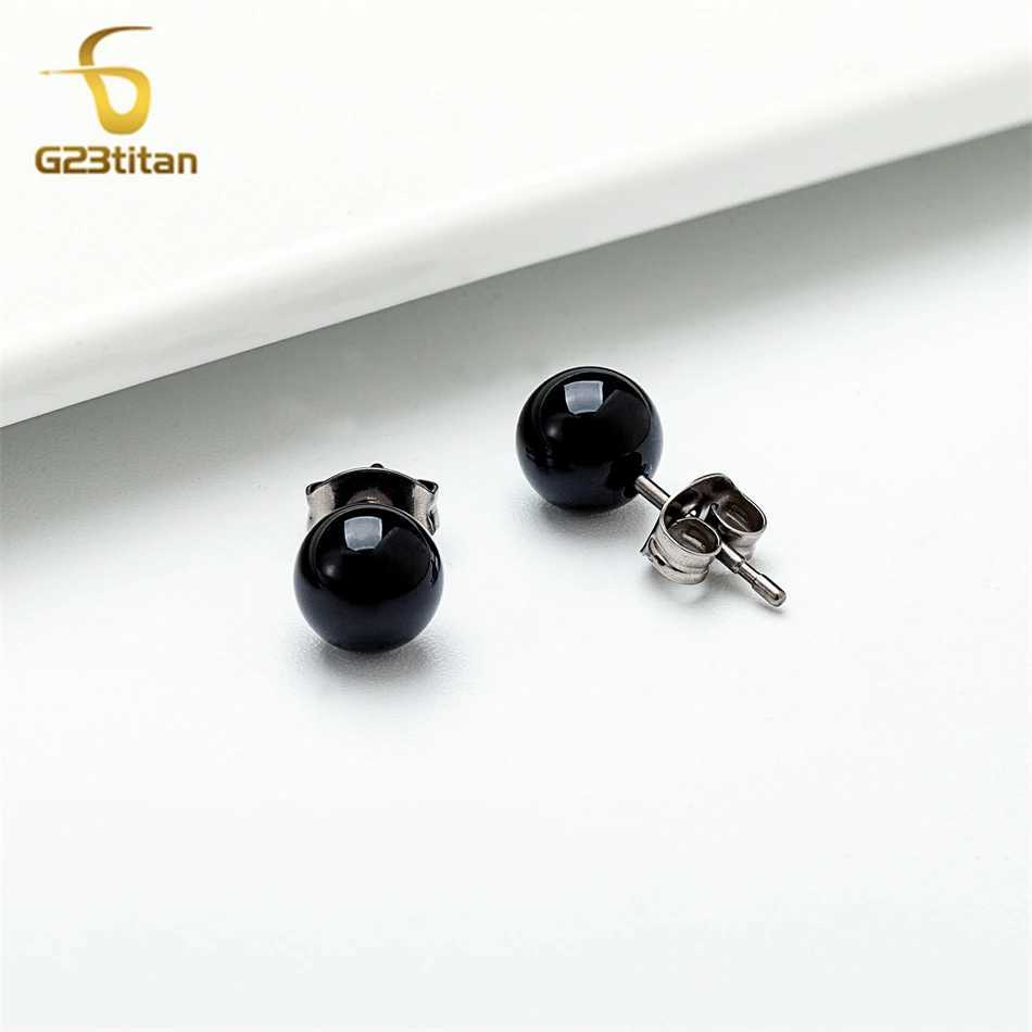 Black Agate Stone Stud Earrings for Women Mens Medical G23 Titanium Piercing Jewelry Simple Round Onyx Ball Ear Lobe Accessories C251103