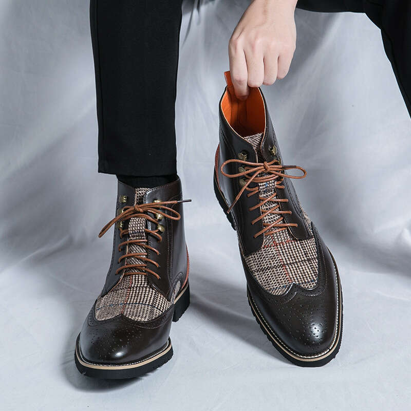 Large size men's leather 2024 spring new fashionable British style high top trend Chelsea boots