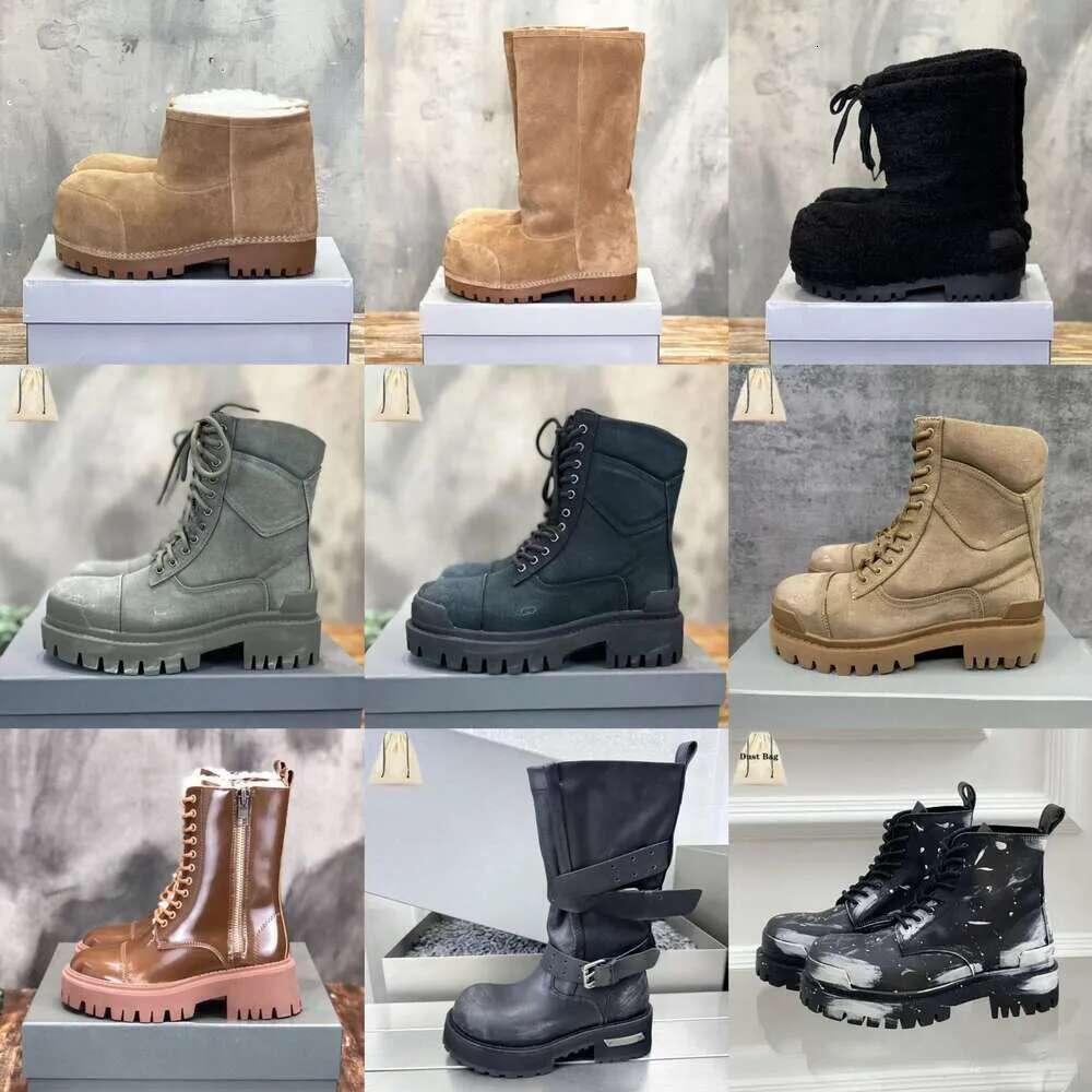 Designer Alaska Fur Boots Combat Strike Tractor Stomper High Bootie Winter Snow Rain Fall Fluffy Furry Calfskin Low Thick Rubber Sole Women Men Classic Platform