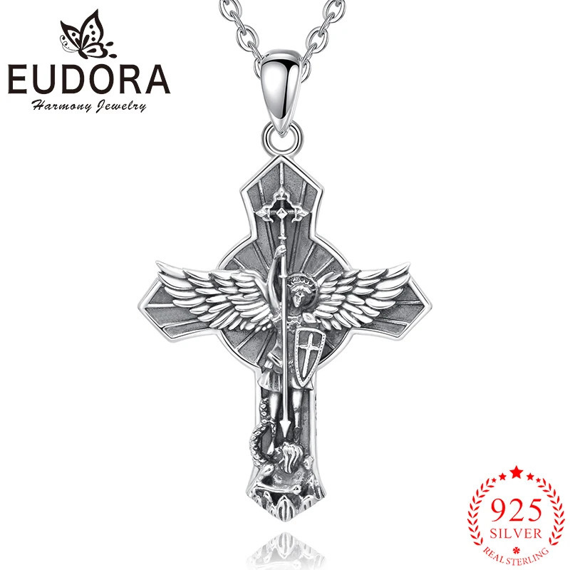 Eudora 925 Sterling Silver St. Michael Archangel Necklace Cross Vintage Wing Pendant Religious Jewelry Gift to Men Women 250402
