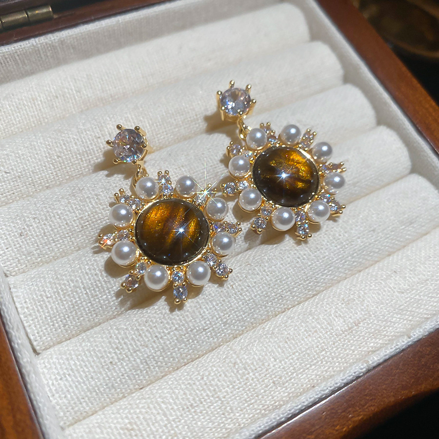 Silver Needle Tiger Eye Stone Pearl Zircon Vintage Melad for Women Simple Versatile Earrings with a Sense of Design Niche - view 5