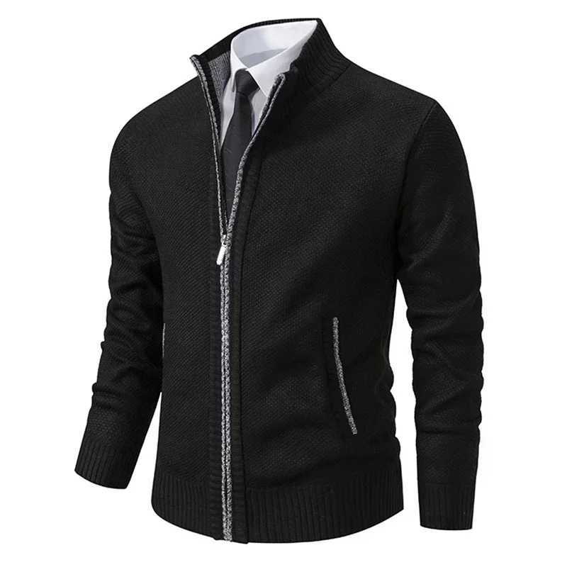 2025 Autumn and Winter New Jersey Mens Casual Sports Coat Solid Color Stand Collar Sweater Grab Fleece Warm Zipper CardiganT251103