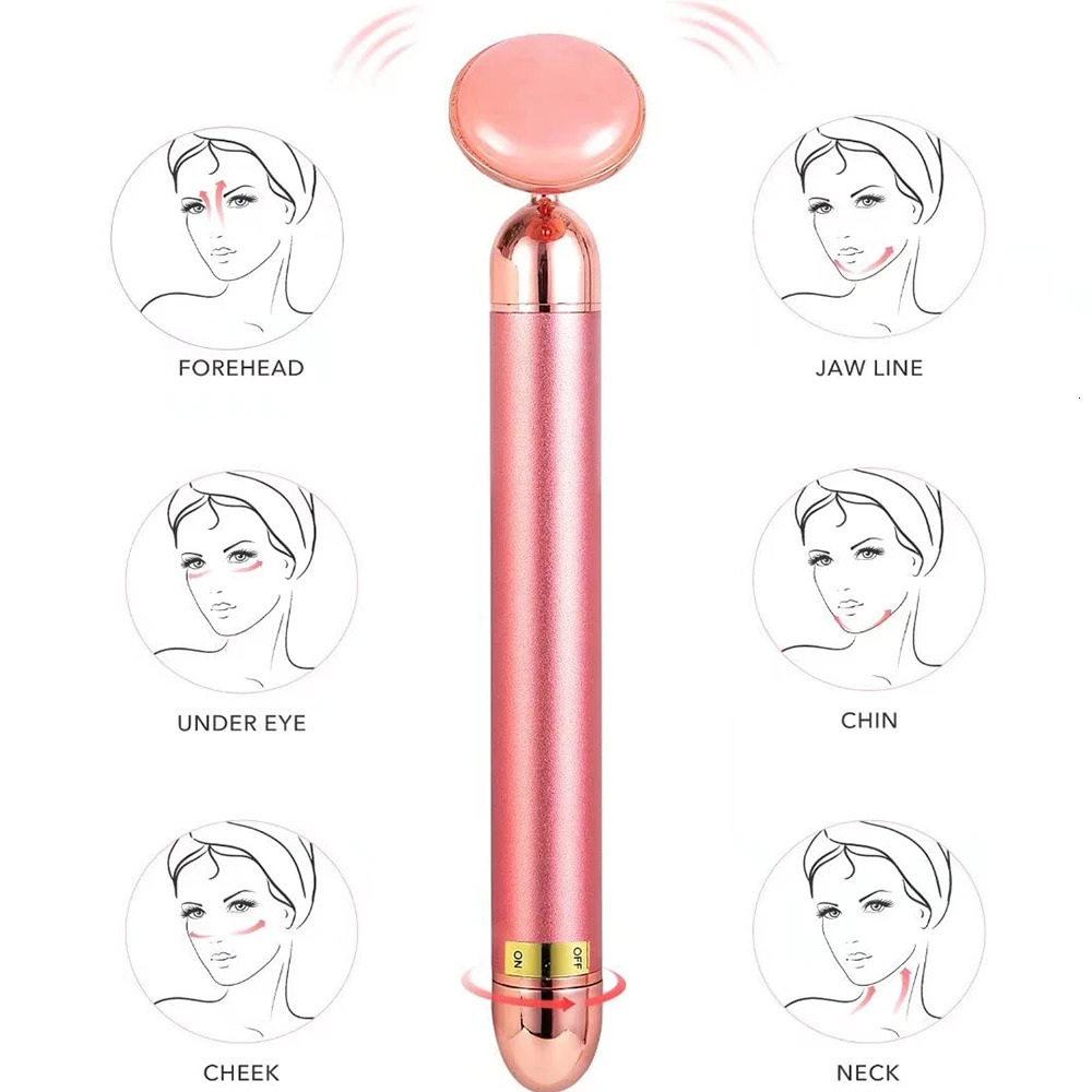 5in1 24K Gold Beauty Wand Face Massager Electric Vibrating Rose Quartz 3D Roller Face Body Facial Gua Sha Jade Roller 251030