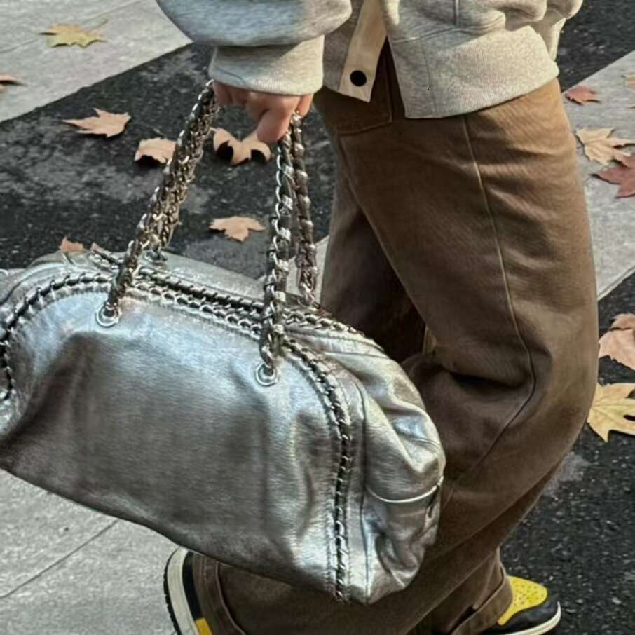 New Vintage Leather Fashion Chain Single Shoulder Underarm Handheld Bowling Bags