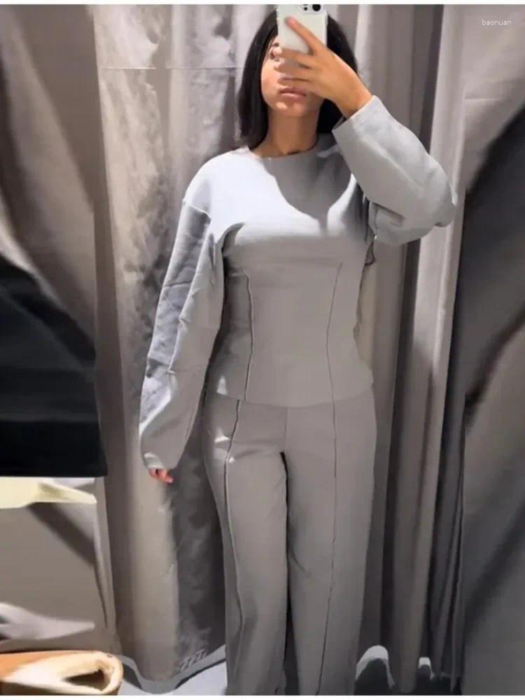 Womens Two-Piece Set Casual Solid Slim O-Neck Top with Long Sleeves & Wide-Leg Pants - Autumn Winter Office Wear C260312
