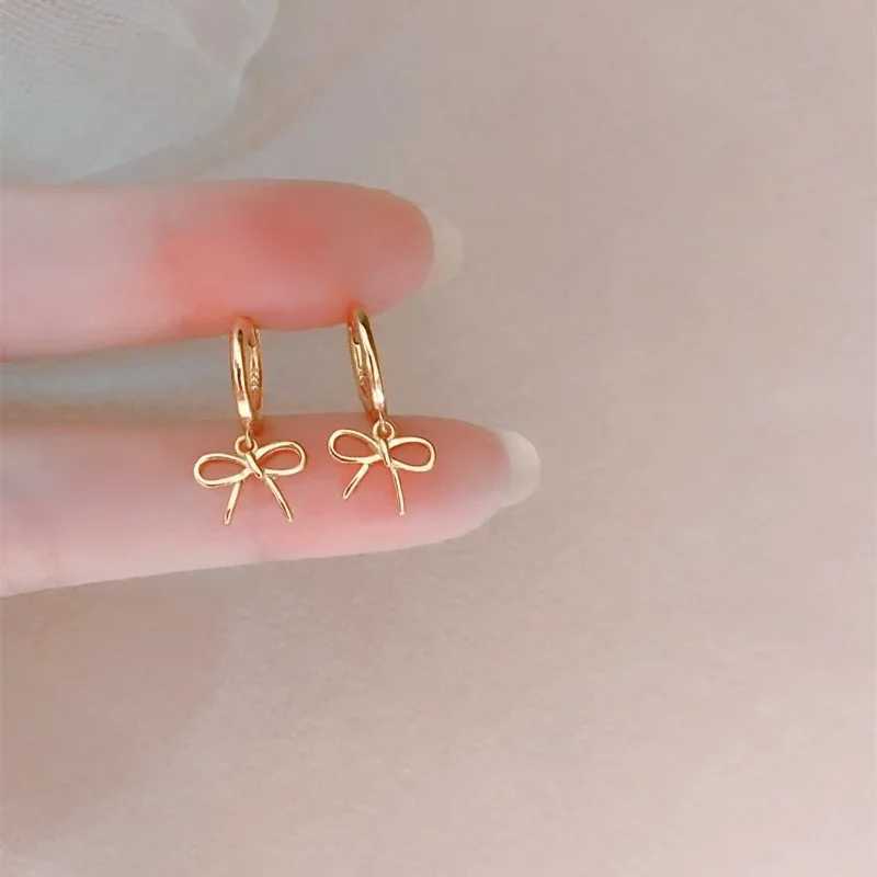 New 925 Sterling Silver Hoop Earrings Clip Golden Bowtie Ribbon Small Cute For Women Girl Gift Jewelry C251103
