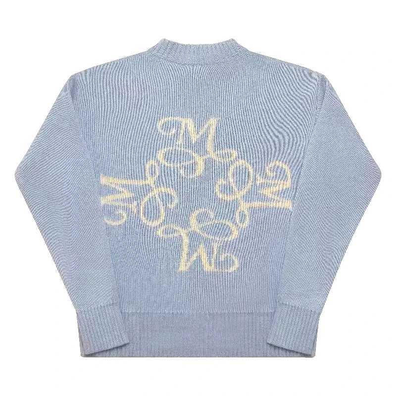 Y2K Sky Blue Long Sleeve Sweater Signature M Symbol Pattern Sweater Trendy Vintage Autumn Winter Unisex Oversized ClothingT251103