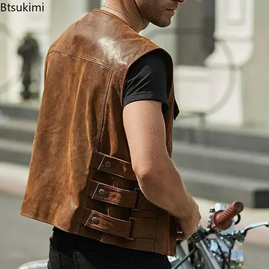 New Arrivals Fashion Mens PU Leather Motorcycle Vest Korean Style Trend Sleeveless O-neck Zip Vest Jacket Handsome Men Clothing X250403