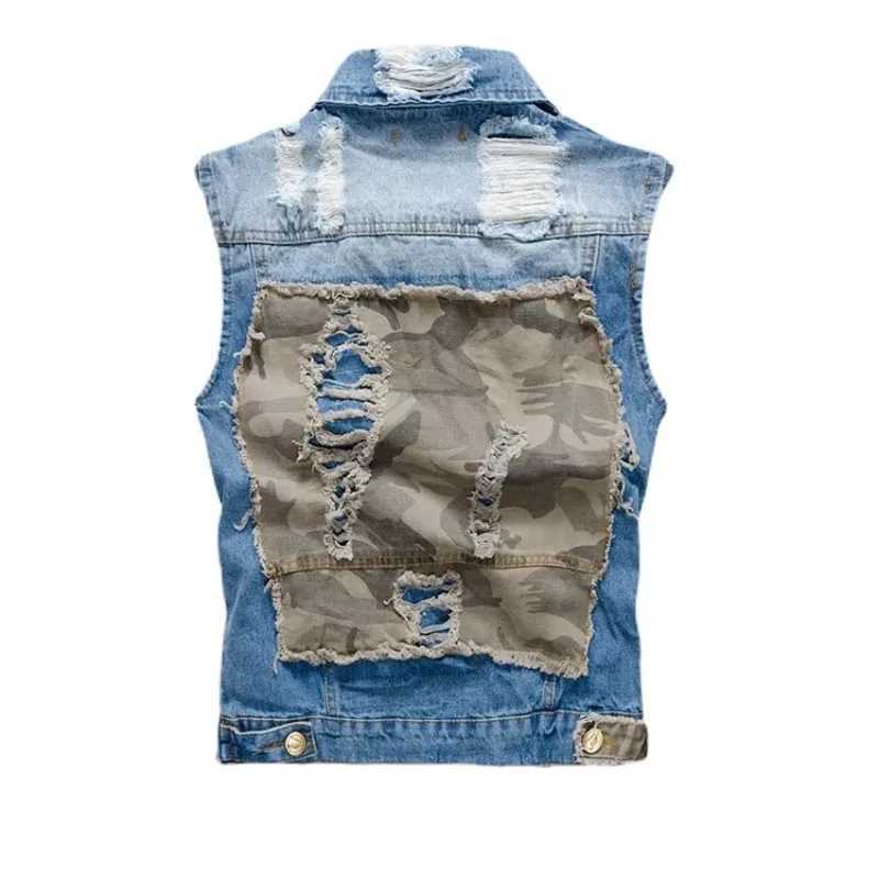 New Summer Men Light Blue Denim Vests Jackets Fashion Male Denim Waistcoats Vests Man Cotton Streetwear Holes Jeans Vests 5XL X250403