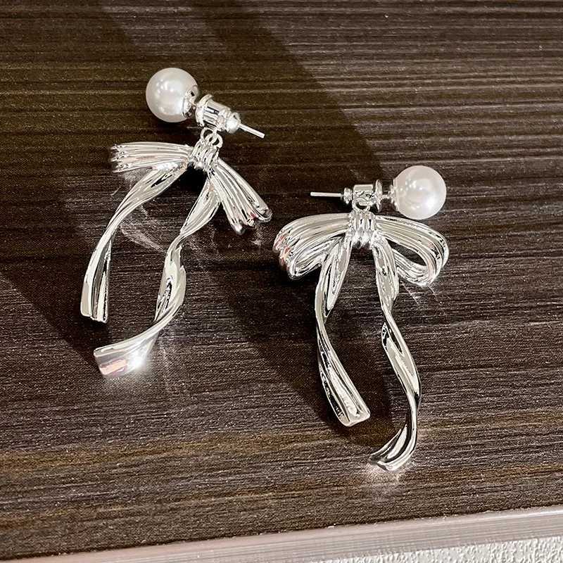 2024 New Arrival South Korea Light Luxury Tassel Long Pearl Bow Dangle Earrings For Women Fashion Sweet Metal Jewelry Gifts Y250401