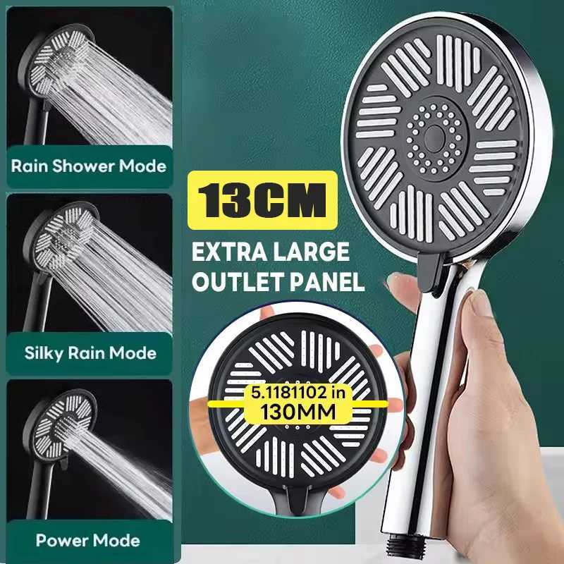 13CM Big Panel High Pressure Shower Set With Hose and Holder Silver 3 Modes Large Flow Rainfall Bathro Handheld Shower Y251103