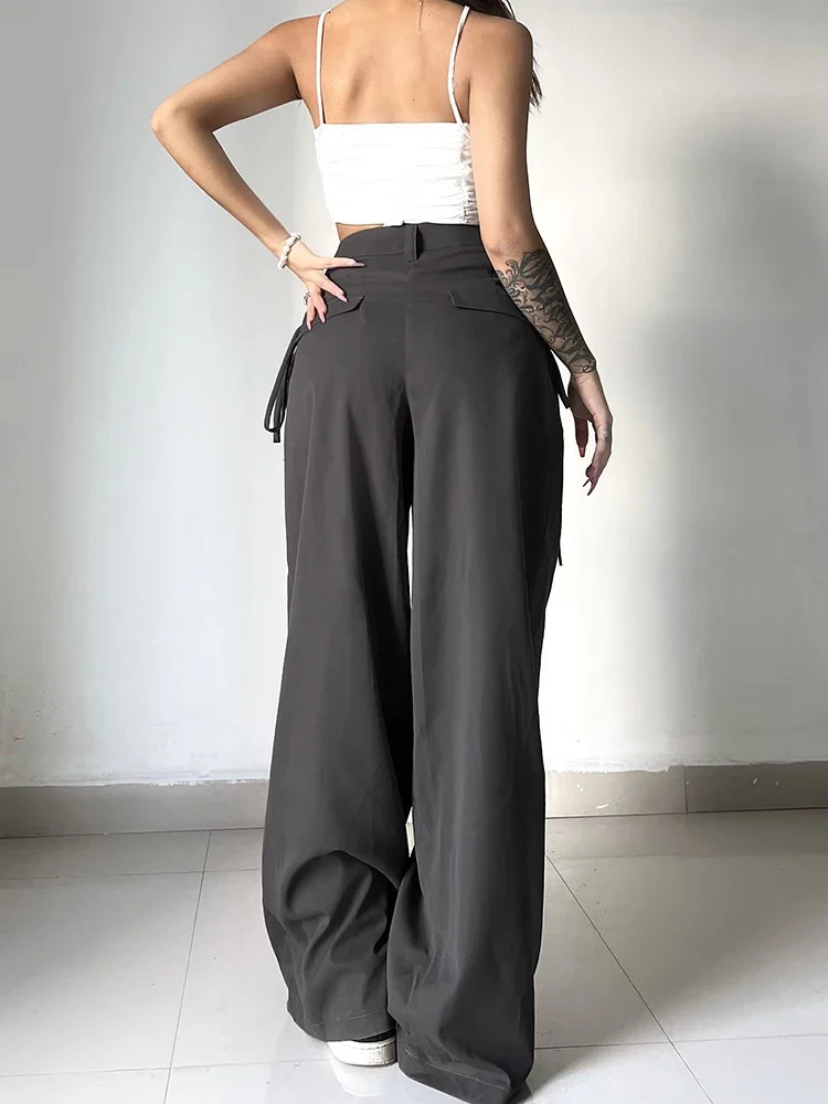 Shirring Casual Wide Leg Women High Waist Street Basic Loose Sweat Trousers Korean Retro Gray Office Y2K Lady Pants Z260312