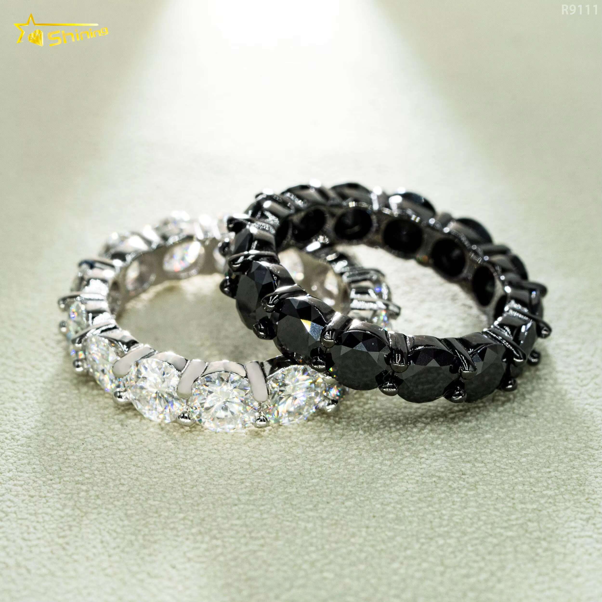 High Quality 5MM Black Clear Stone Eternity 925 Silver Iced Out Wedding Band Diamond Moissanite Ring