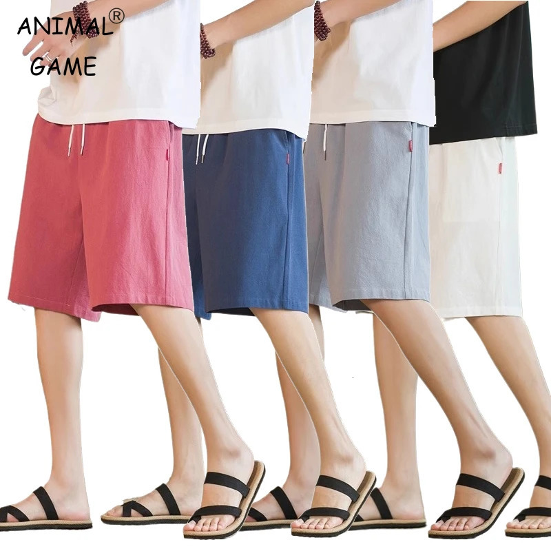 Summer mens cotton casual slim fit drawstring elastic waist shorts breathable solid color lightweight sports pants 250403e