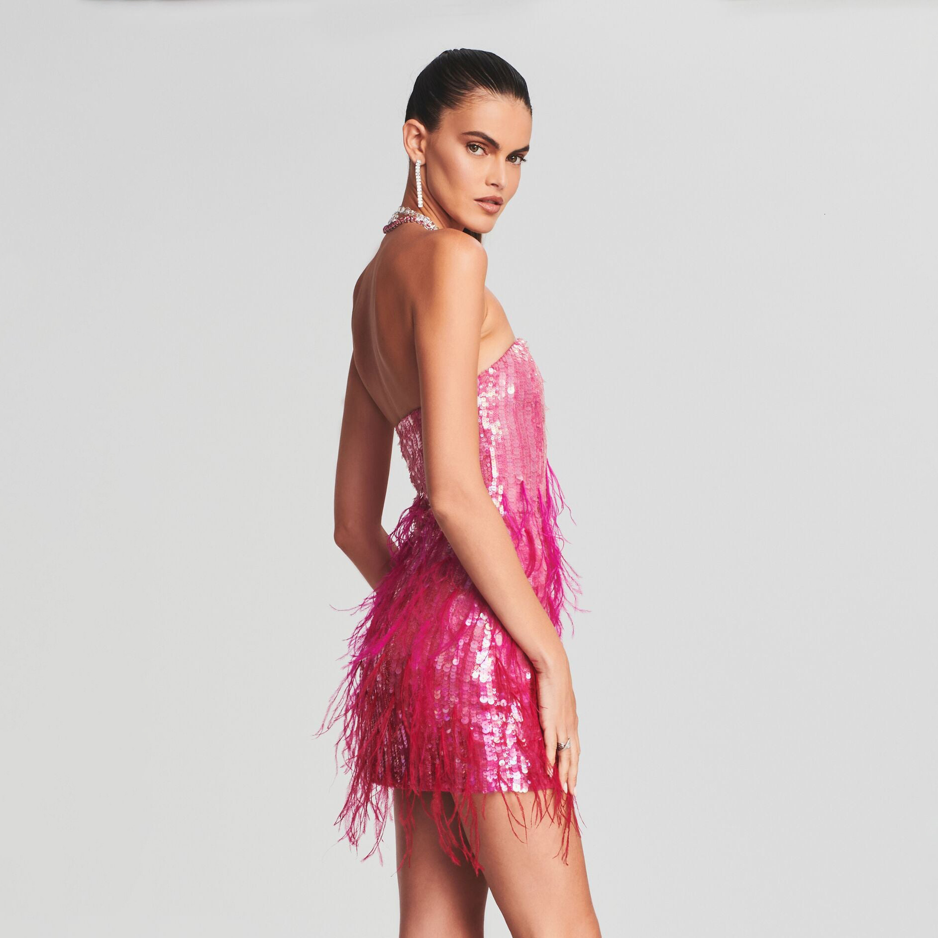 Spring/Summer New Style Mini Dress Pink Hip Wrapping with sequins Splicing Feather Backless Skirt