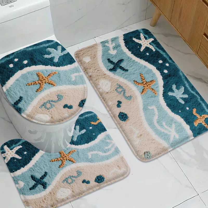 3pcs ocean cartoon pattern bathroom floor mat U-shaped toilet lid mat laundry room anti slip mat home flannel carpet door mat C251103