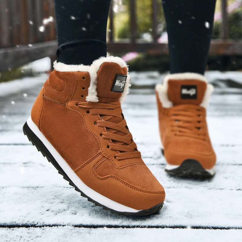 Large size youth outdoor plush warm casual shoes, winter fashion high top lace up sports cotton shoes