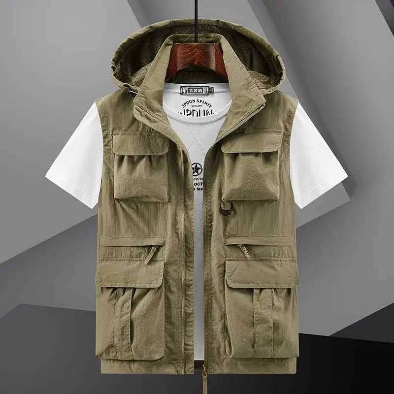 Spring New Outdoor Hooded Fishing Vest Mens Solid Breathable Multi-Pocket High Quality Vest Coat Detachable Hat Sports Vest Male X250403
