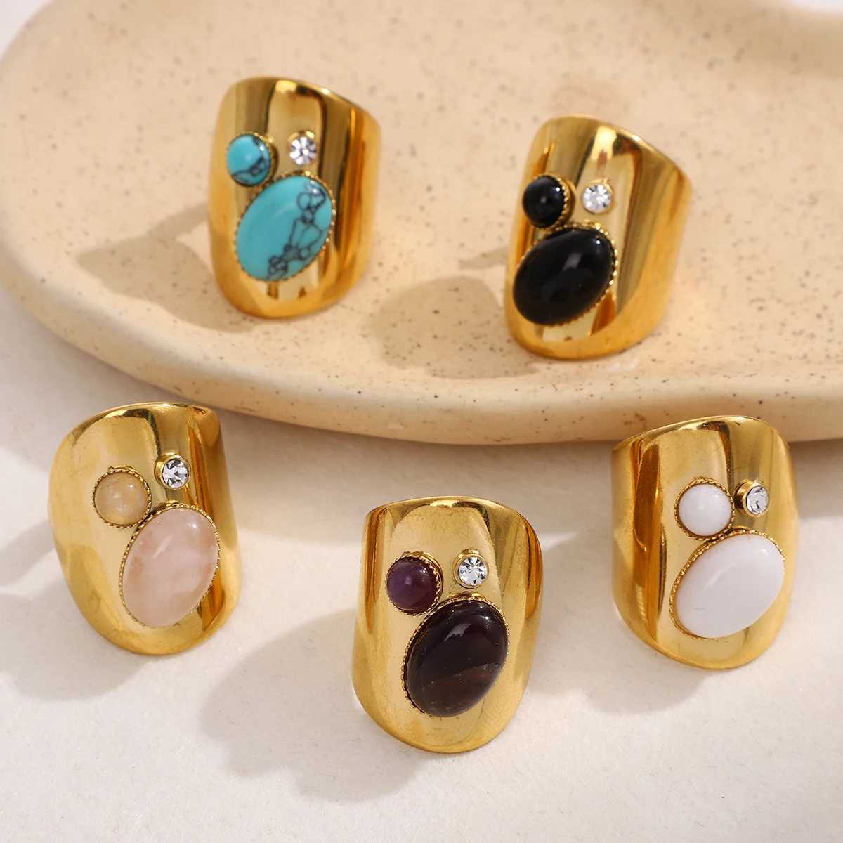 Retro Wide Stainless Steel Rings For Women Girls Vintage Boho Natural Stones Zircon Adjustable Wedding Engagement Ring Jewelry C251103