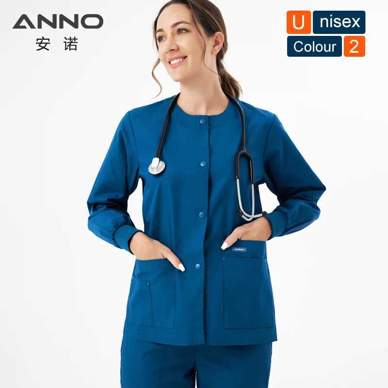 ANNO Long Sleeve Nurse Jacket Out Coat Doctor Shirt Women Men Nursing Uniform Top Hospital Clothing Work Wear J251103