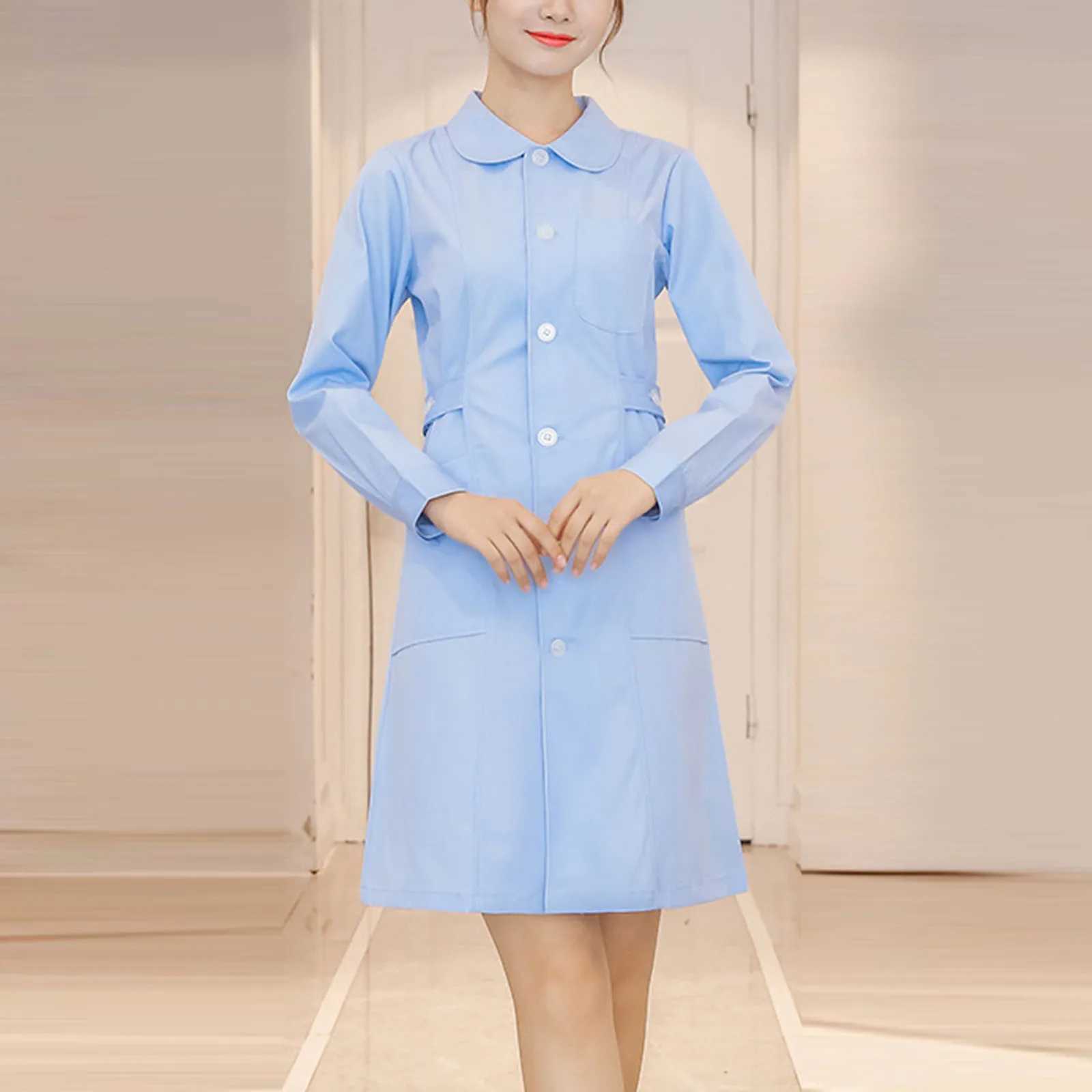 Long Sleeve Nurse Uniform Womens Lab Coat Winter Pharmacy Beauty Salon Intern Work Uniform Set Plus Size Dress Coat J251103