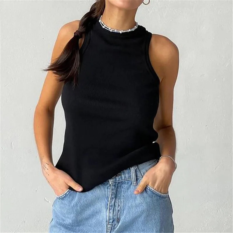 Ribbed knit top collar summer basic shirt white black casual sports vest shoulder green womens 250403e