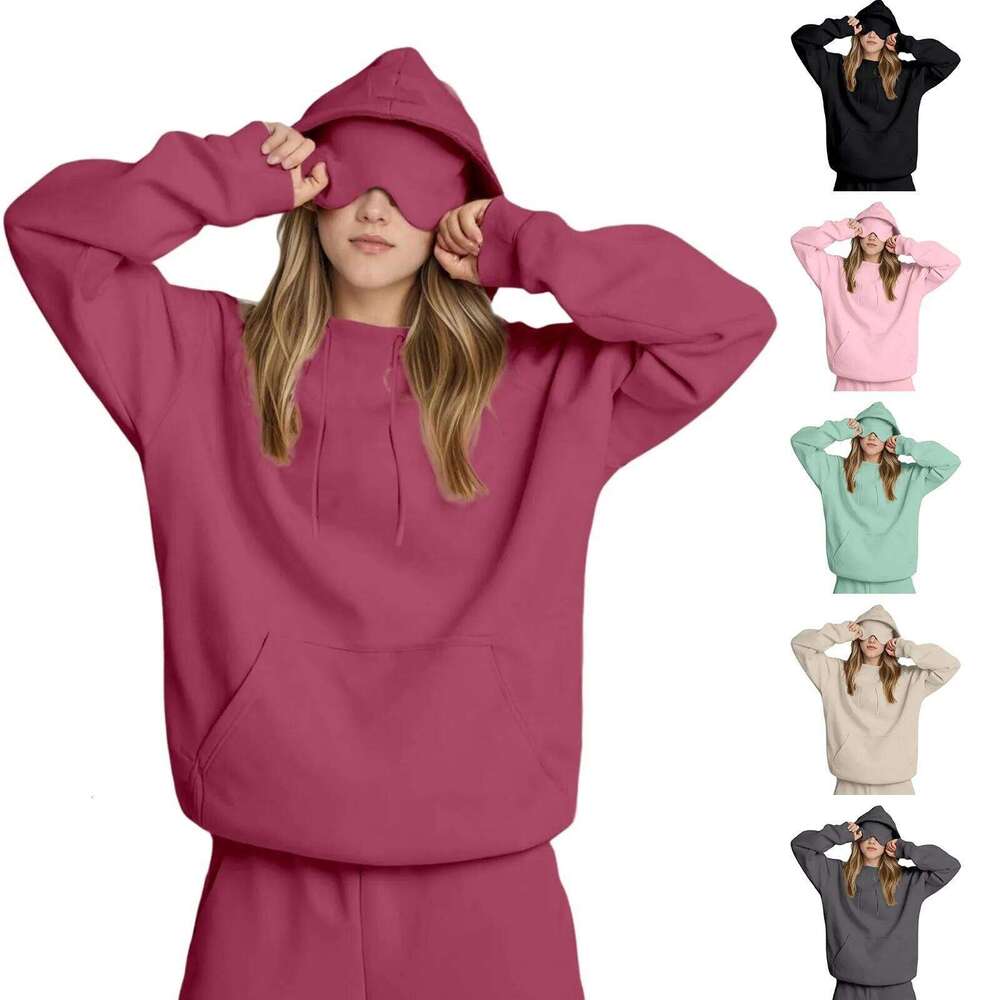 Women's Hooded Sweatshirt With Built-In Eye Mask,Pocket Long Sleeved Solid Color Sports Pullover,Autumn Casual Hoodie
