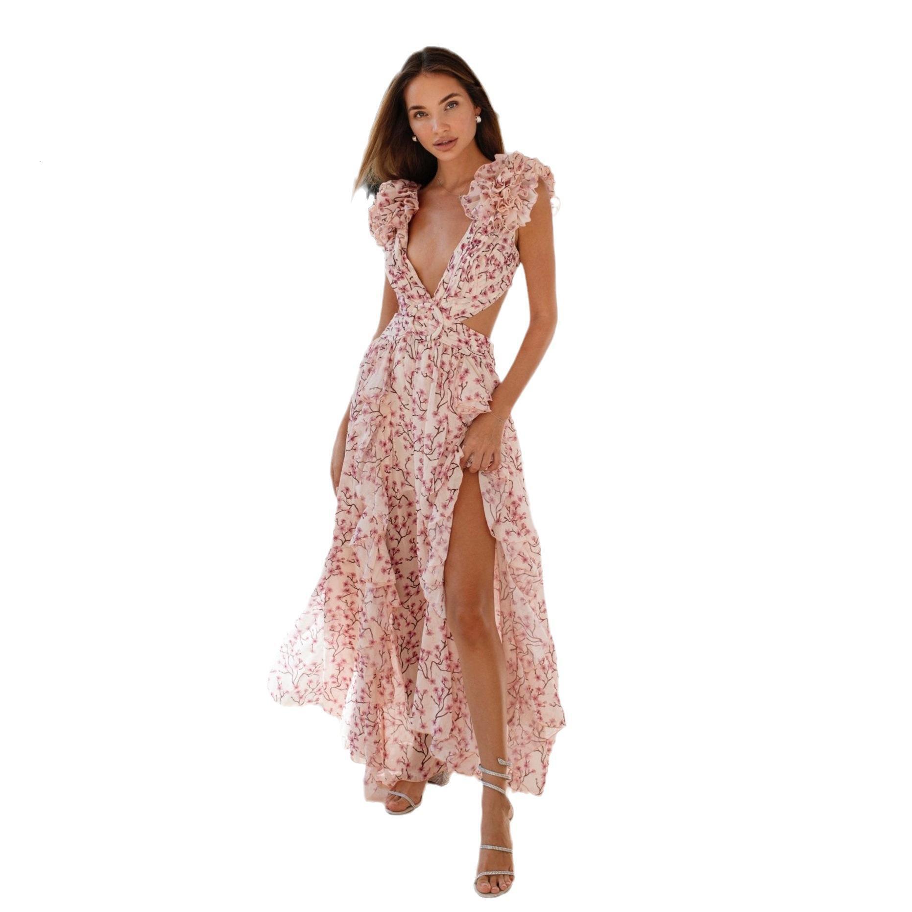 New womens clothing ins holiday long dress with hollowed out slim fitting deep V ruffle edge and floral open back dress