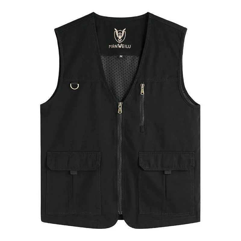 M-8xl Large Size Multi-function Sleeveless Waistcoat for Men Good Quality Solid Color V-neck Zip Up Cotton Vest Fishing Top Male X250403