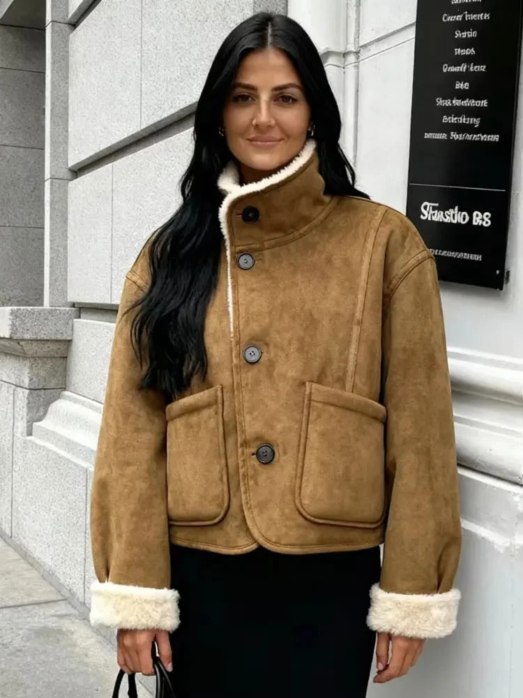 HH Winter Womens Reversible Faux Lamb Wool Jacket Vintage Long Sleeve Double Sided Thick Warm Coats Female Streetwear 251106