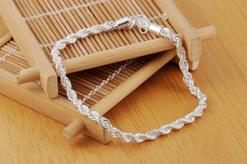 Hot Charm 4MM Twisted Rope Chain 925 Pure Silver Bracelet Mens Fashion Classic Jewelry Wedding Party Holiday Gift Y250329