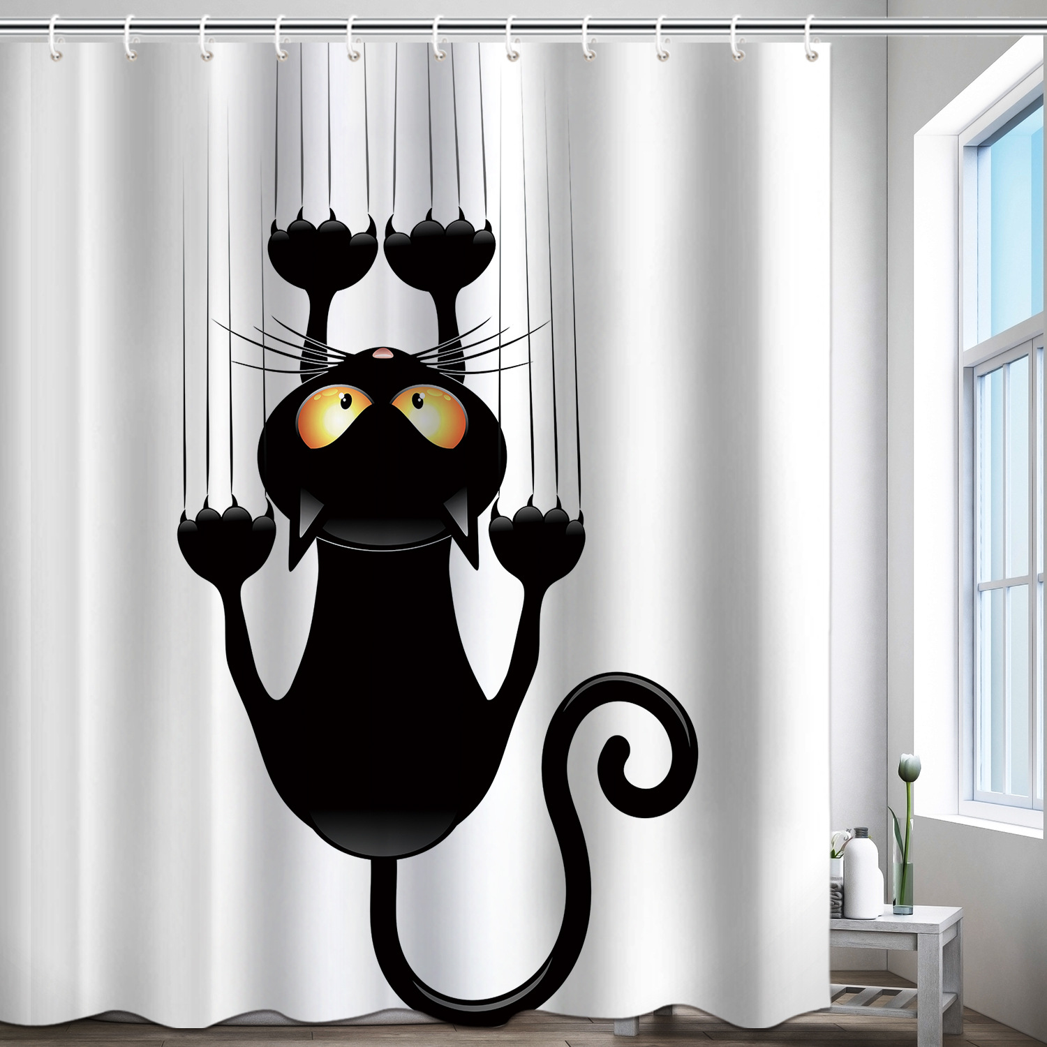 YL-37618 Digital Shower Curtain for Kitty Bathing, Bathroom Dry and Wet Separation, Polyester with Hooks, Isolation Curtain