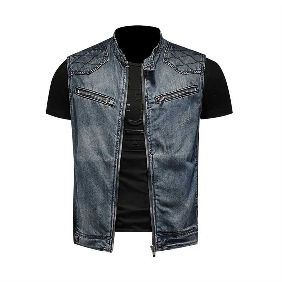 Punk Style Mens Denim Vest Sleeveless Jeans Jacket Men Ripped Slim Fit Waistcoat Stand Collar Cowboy Tops Hip Hop Streetwear X250403