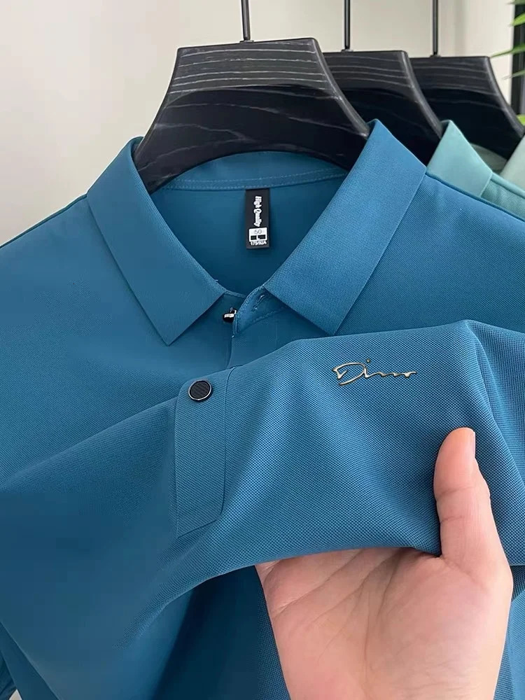 Boutique Short sleeved Mens Polo Shirt Summer Fashion Ice Silk Elastic Top Comfortable Business T-shirt 250402