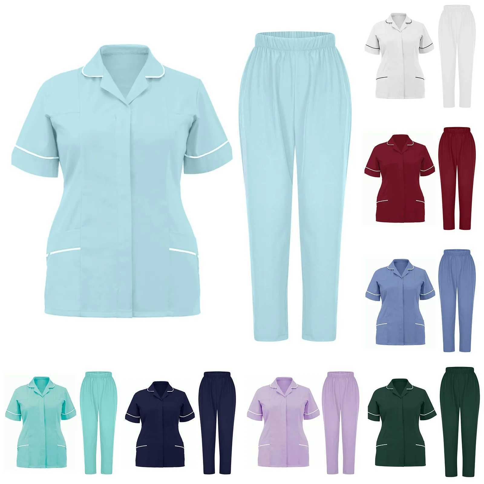 WomenS Nurse Uniform QuickDrying Fabric Solid Color VNeck Pocket ShortSleeved Trousers Suit Nursing Nurse Uniform Suit J251103