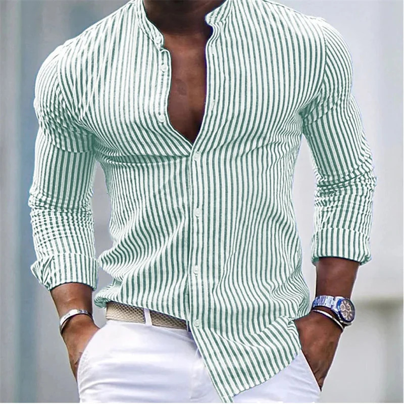 Mens button up shirt summer beach long sleeved striped stand collar Hawaiian holiday printed clothing fashionable classic casual 250403e