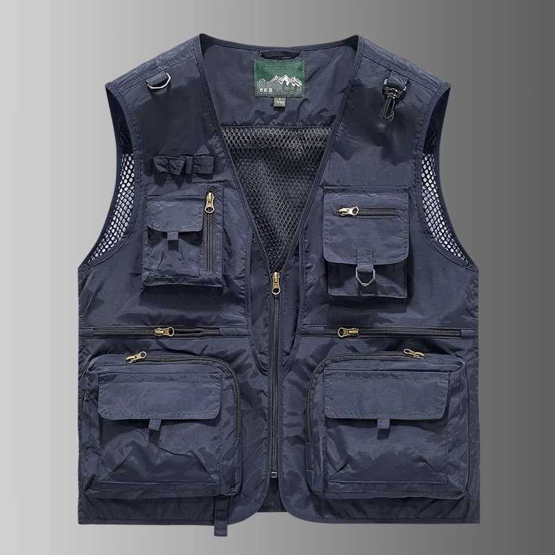 2025 New Mens Leisure Vest Solid Color Tooling Style Waistcoat Thin Fishing Hiking Multi-Pocket Casual Loose Vest for Men X250403